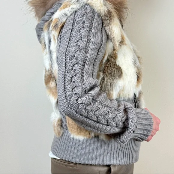 Rabbit Fur and Cable Knit Cardigan Jacket with Hood - Picture 9 of 15